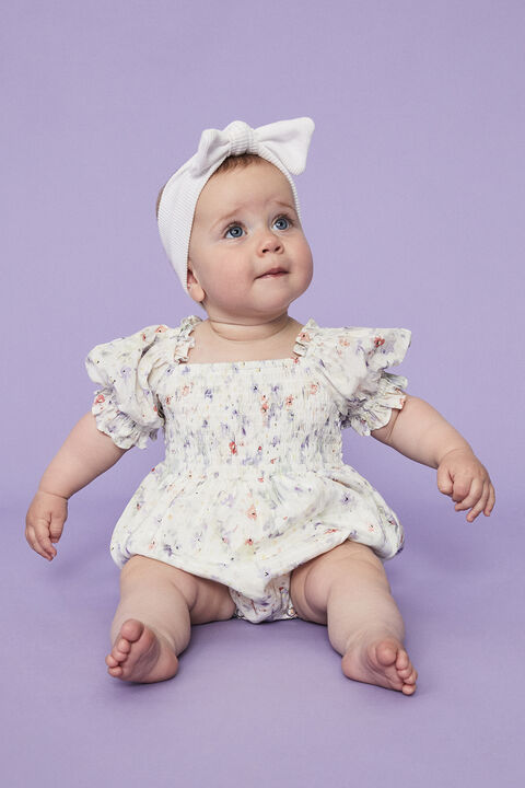 BABY GIRL SHIRRED SUMMER FLORAL GROW in colour YELLOW IRIS