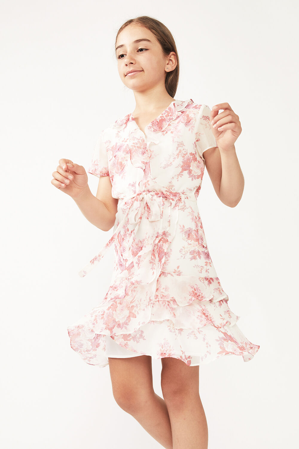 JUNIOR GIRL TRIPLE FRILL FLORAL DRESS in colour ROSEWATER