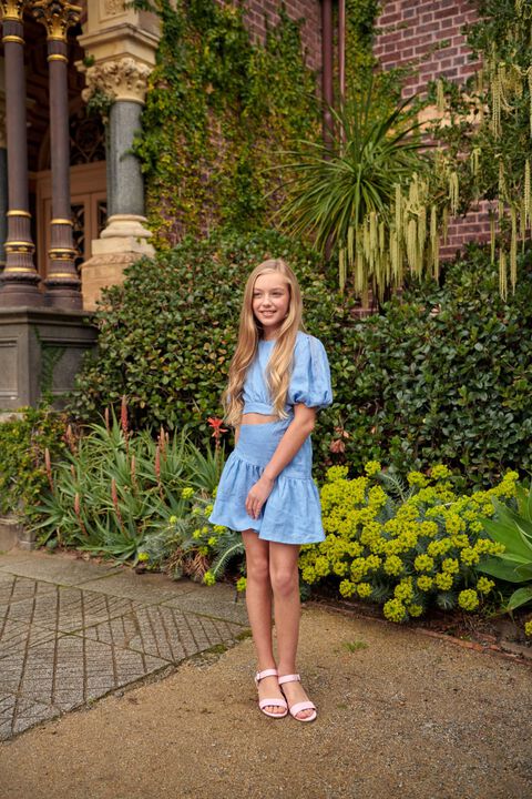 GIRLS MIMI MINI DRESS in colour CERULEAN