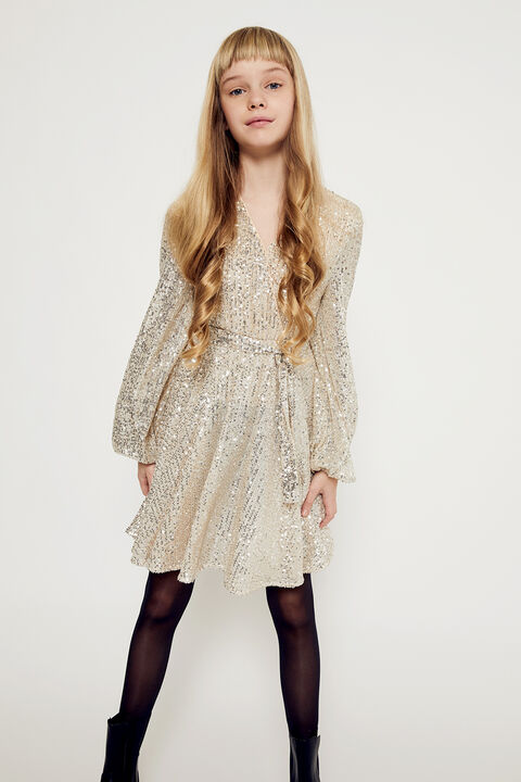 GIRLS SEQUIN WRAP DRESS in colour TUSCANY