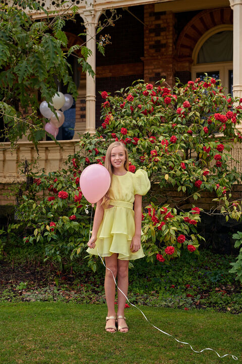 GIRLS ENYA ORGANZA MINI DRESS in colour BUTTERCUP