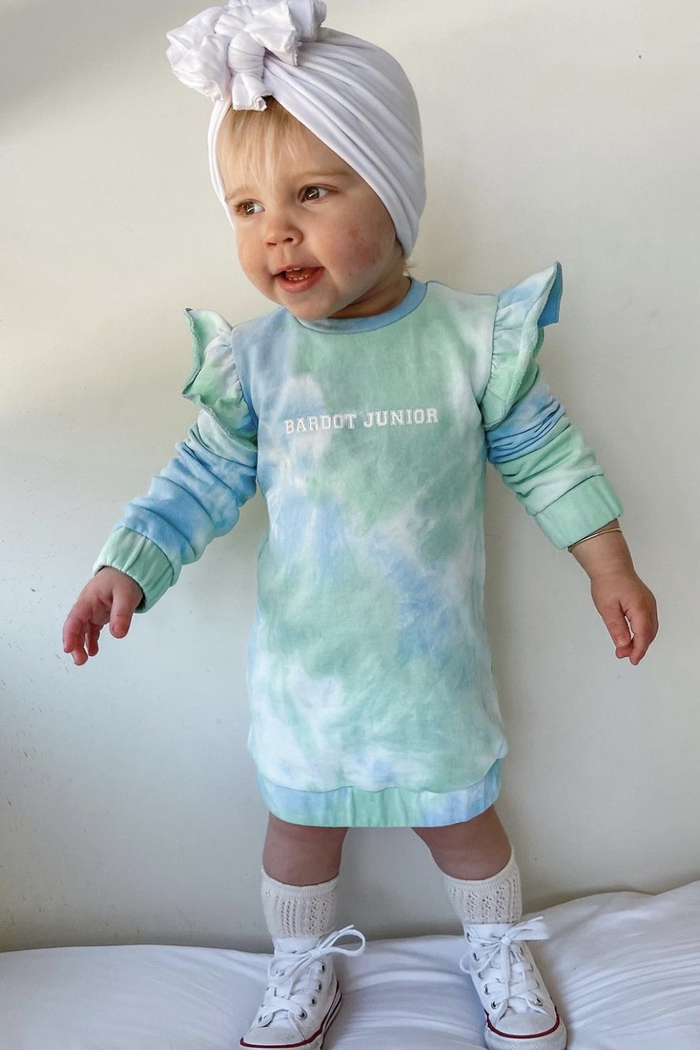 BABY GIRL TIE DIE MINI SWEATER DRESS in colour AQUA GREEN