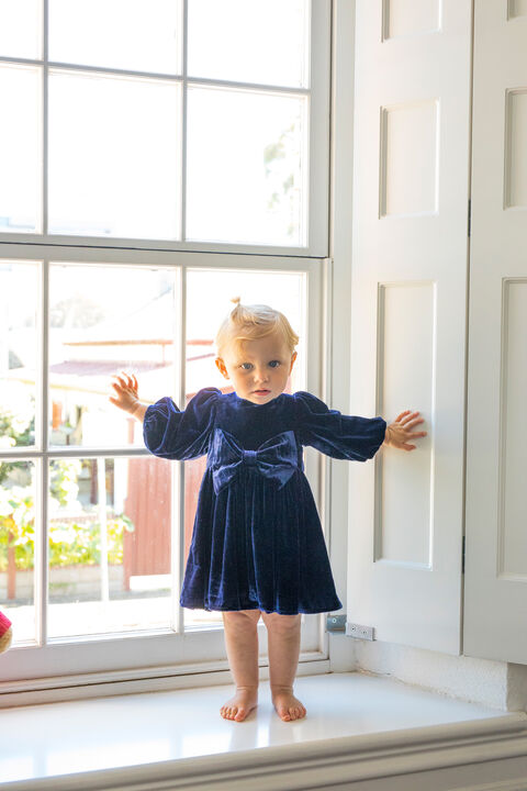 BABY GIRL LINDSEY VELOUR MINI DRESS in colour BLACK IRIS