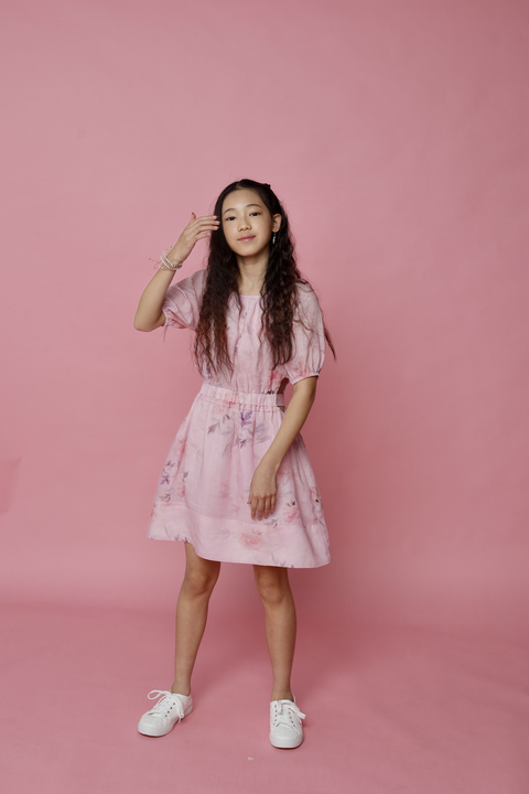 GIRLS LOLA FLORAL TIE BACK DRESS in colour PEACH WHIP