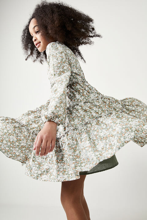 GIRLS SERENITY FLORAL DRESS in colour BURNT OLIVE