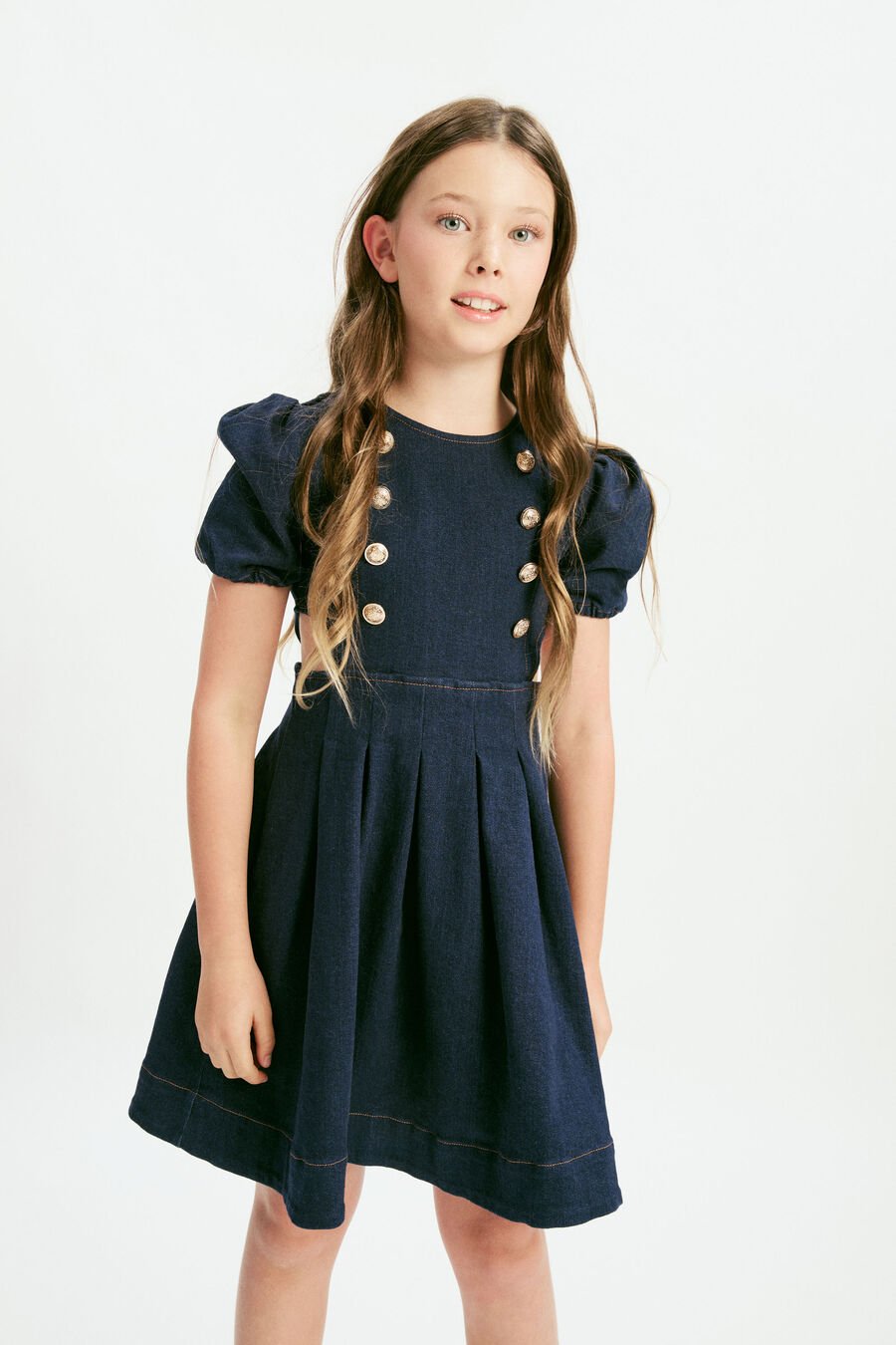 PLEAT DENIM MINI DRESS in colour DARKDENIM