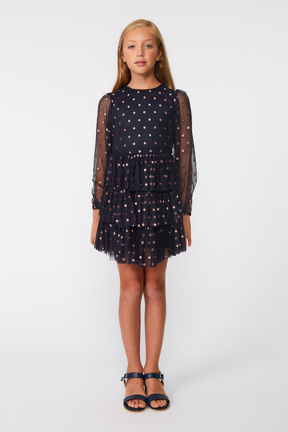 GIRLS SPOT MESH MINI DRESS in colour PEACOAT