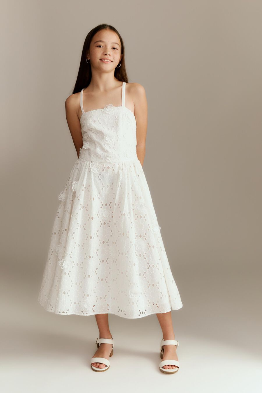 ESTIE BRODERIE MIDI DRESS in colour Orchid White