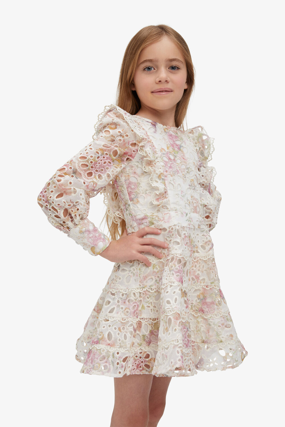 GIRLS SAMMIE BRODERIE MINI DRESS in colour TOMATO CREAM