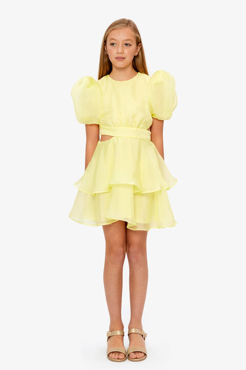 GIRLS ENYA ORGANZA MINI DRESS in colour BUTTERCUP