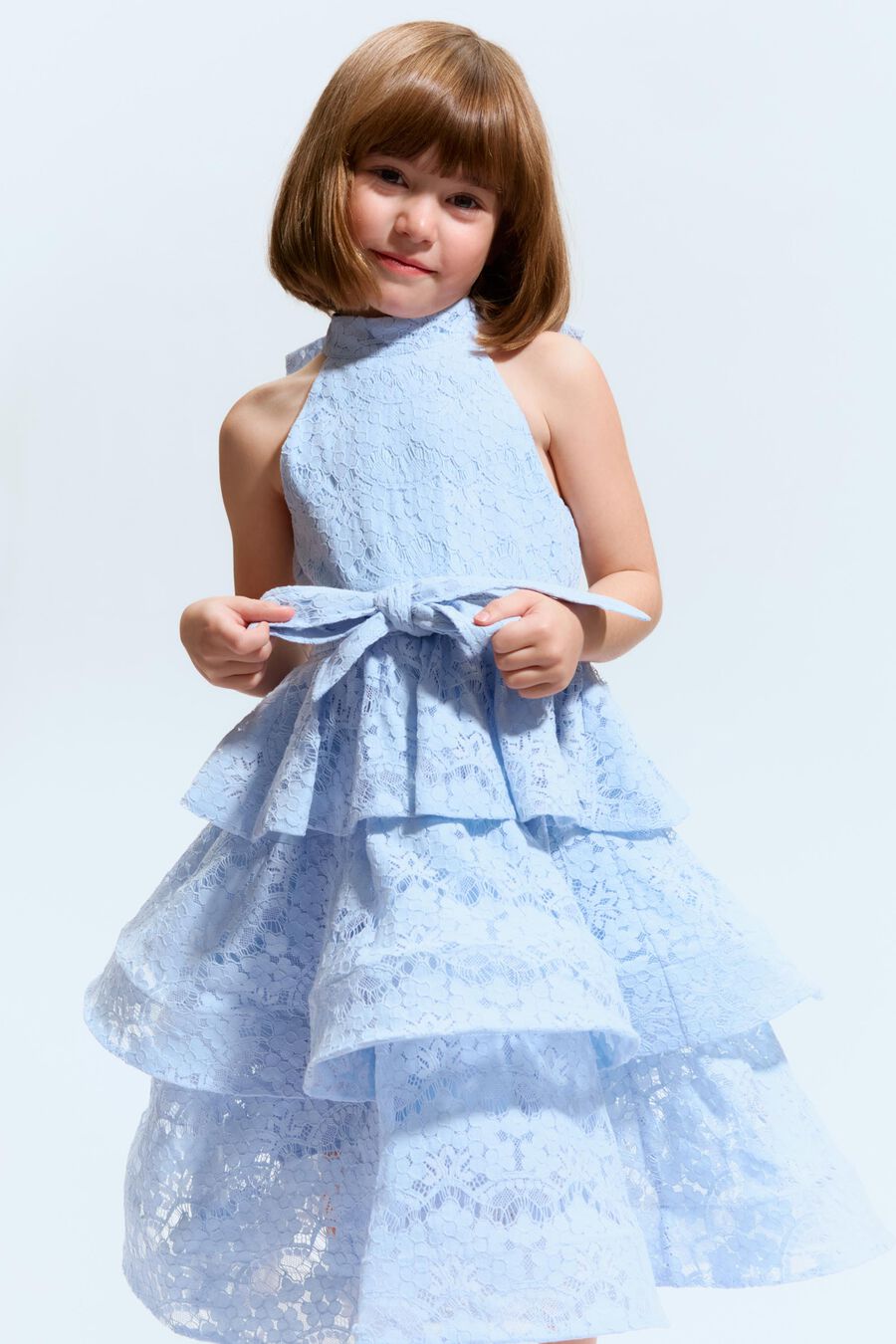 SUKI HALTER LACE DRESS in colour Powder Blue