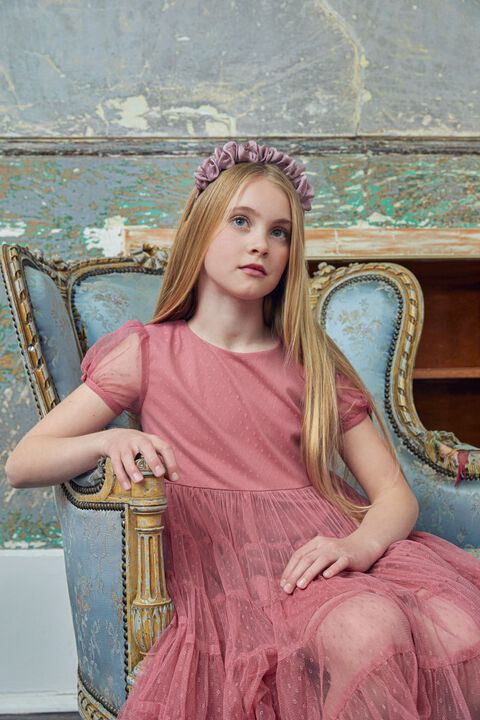 GIRLS LYDIA TIERED MESH DRESS in colour VANILLA CREAM