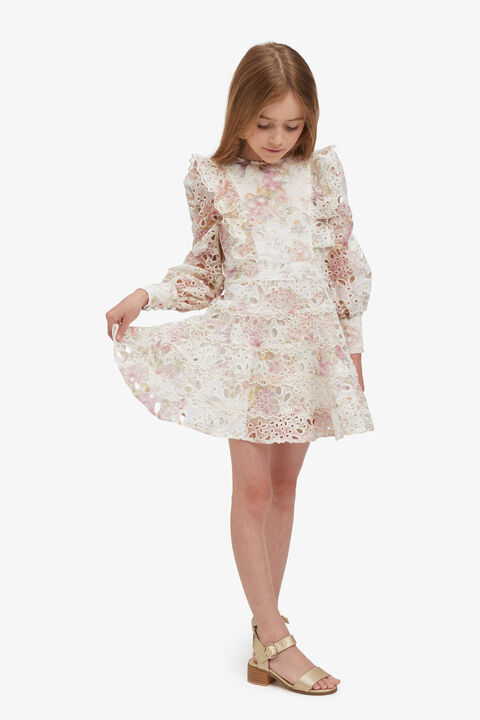 GIRLS SAMMIE BRODERIE MINI DRESS in colour TOMATO CREAM