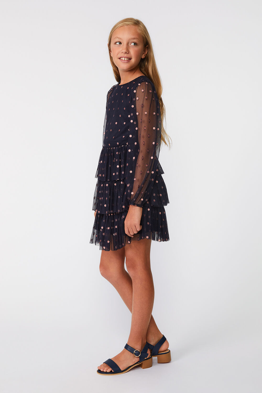 GIRLS SPOT MESH MINI DRESS in colour PEACOAT