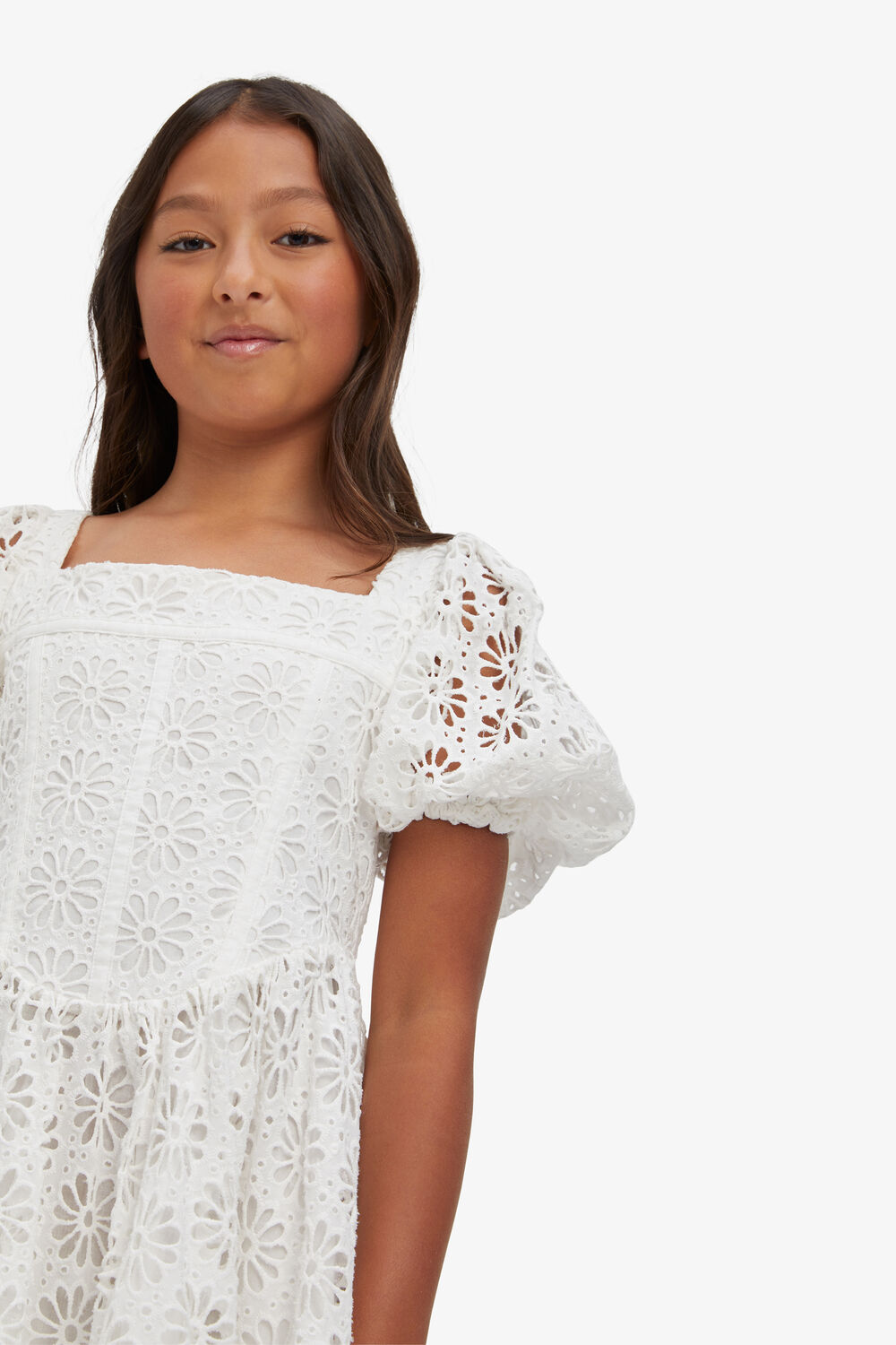 GIRLS IRIS MINI BRODERIE DRESS in colour CLOUD DANCER