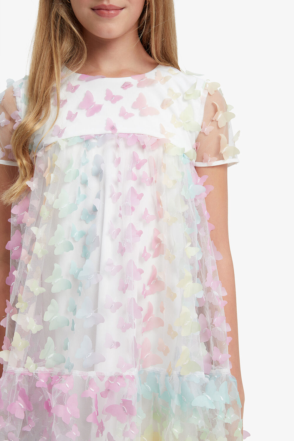 GIRLS BUTTERFLY TIERED DRESS in colour HOT PINK