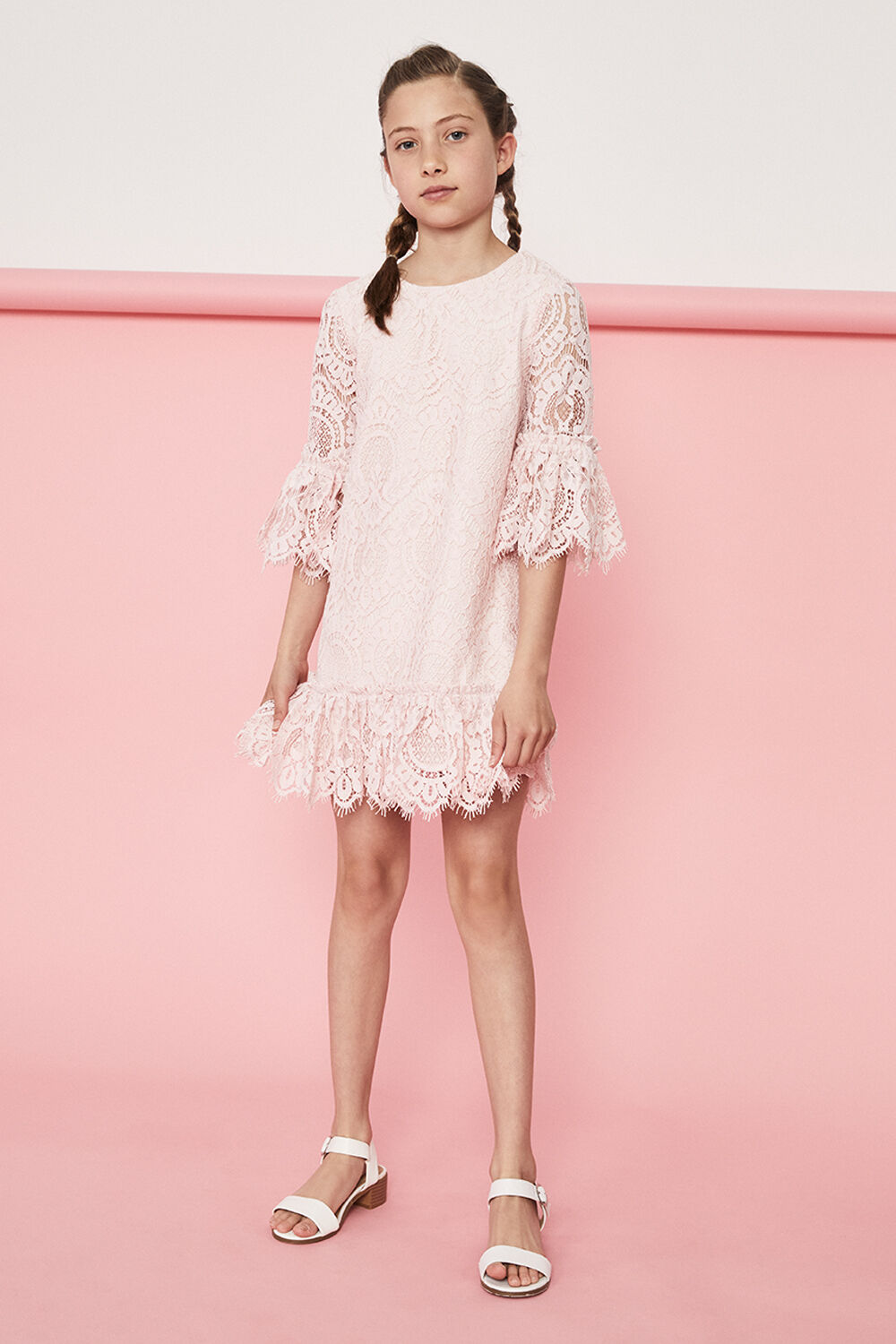 Girls Olivia Lace Dress In Baby Pink Bardot Junior