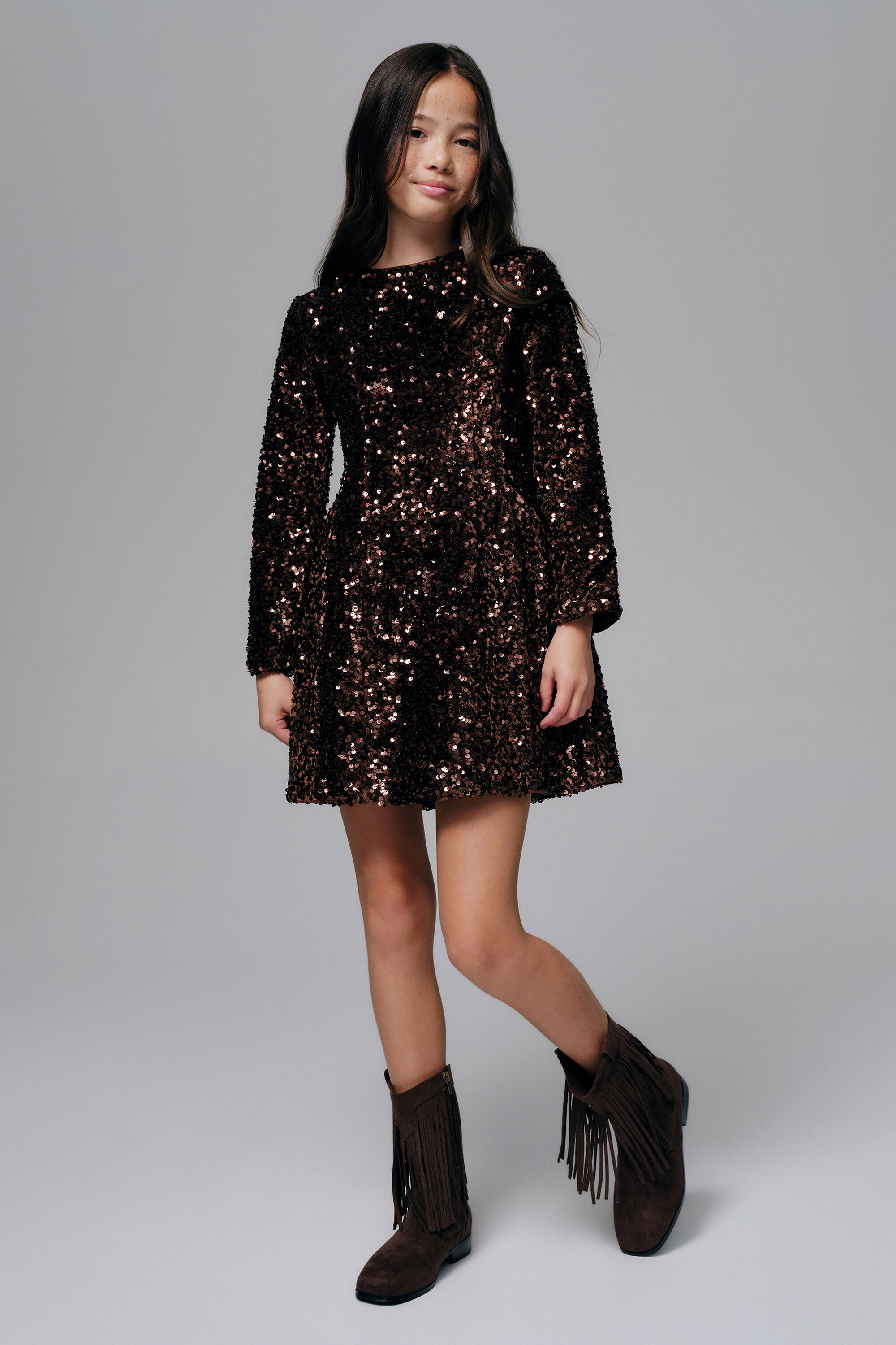 djeco glitter dresses Girls Juniper Sequin Mini Dress In Chocolate Occasion:Formal Dress