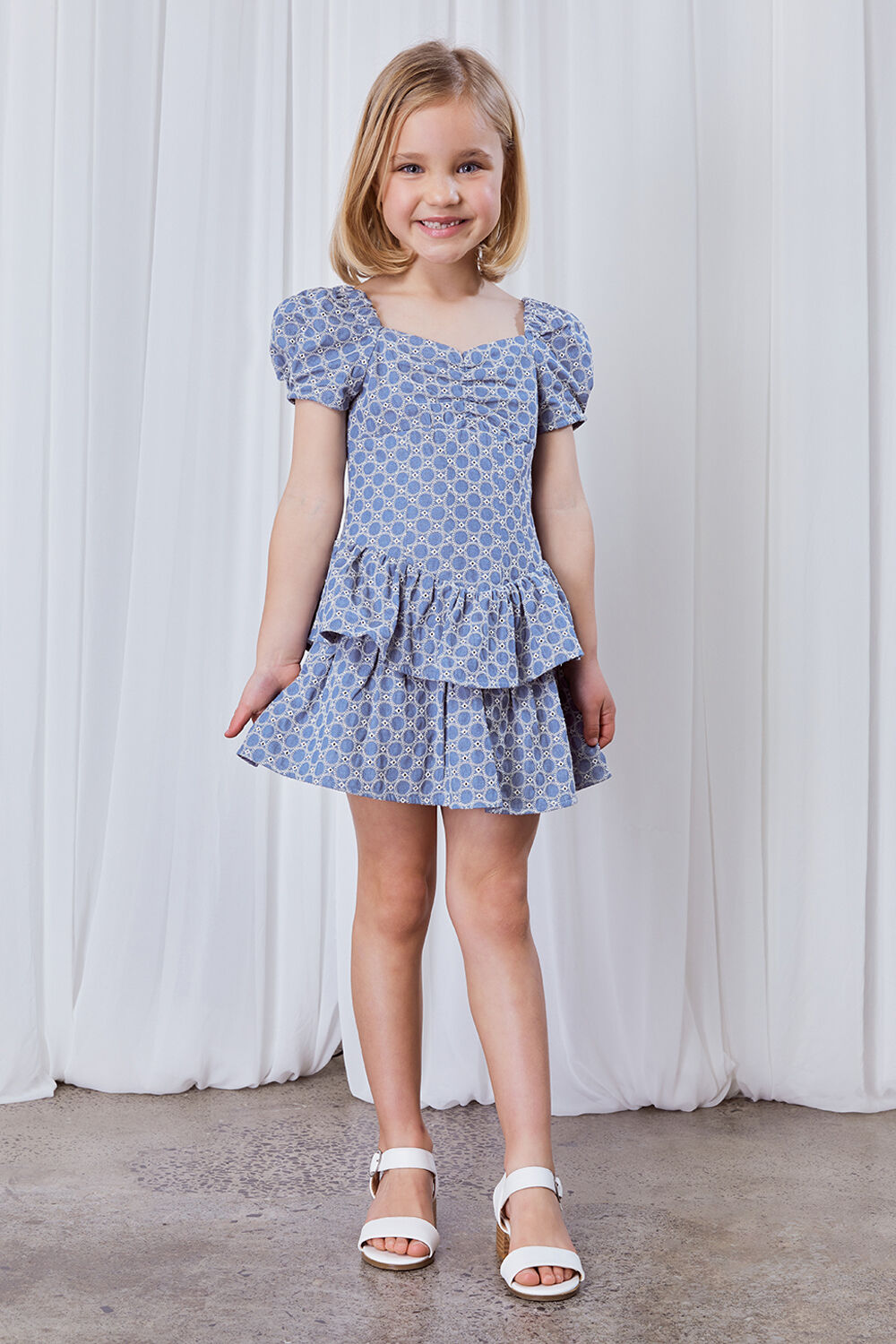 GIRLS BRODERIE CORSET DRESS in colour CHAMBRAY BLUE