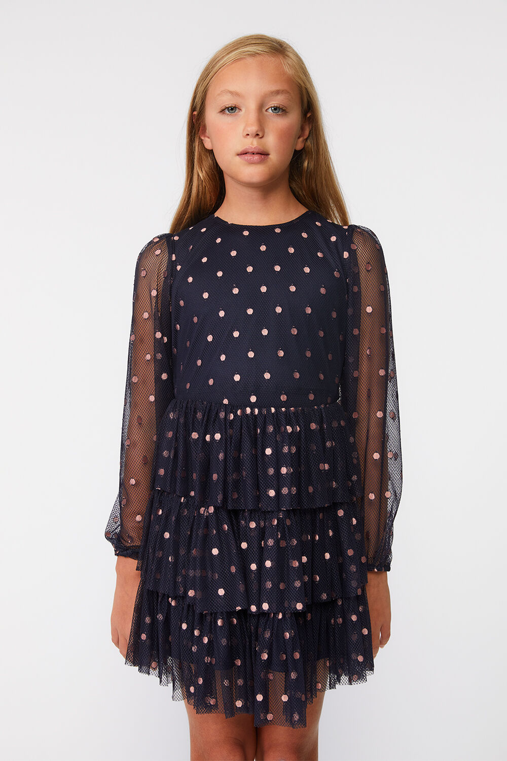 GIRLS SPOT MESH MINI DRESS in colour PEACOAT