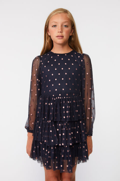 GIRLS SPOT MESH MINI DRESS in colour PEACOAT
