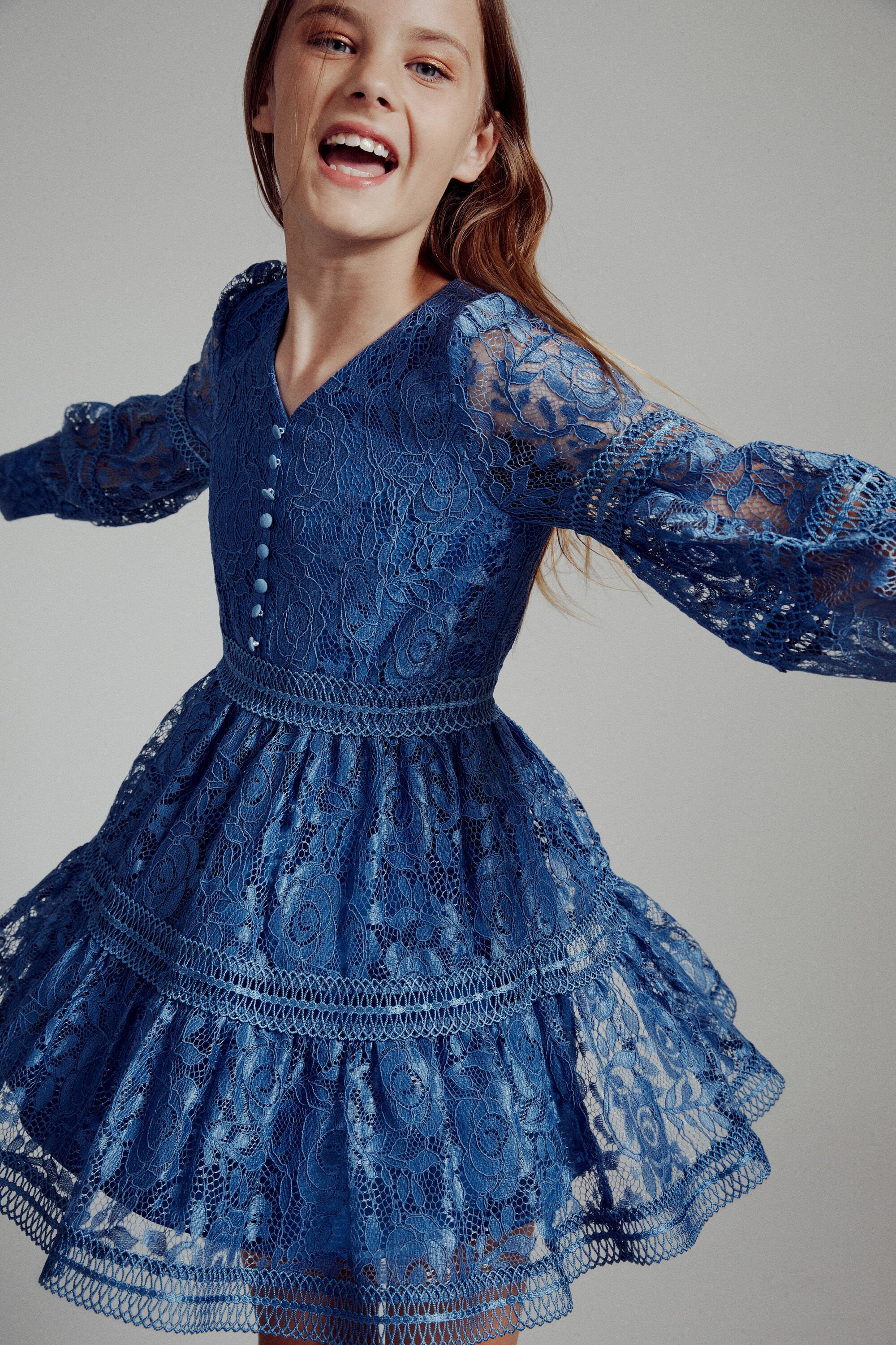 Girls Venice Lace Mini Dress In Steel Blue | Bardot Junior
