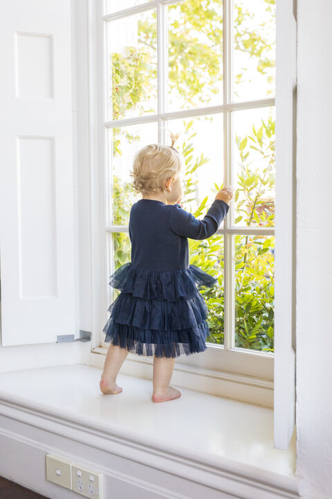 baby girl tiered wrap ballet dress in navy in colour BLACK IRIS