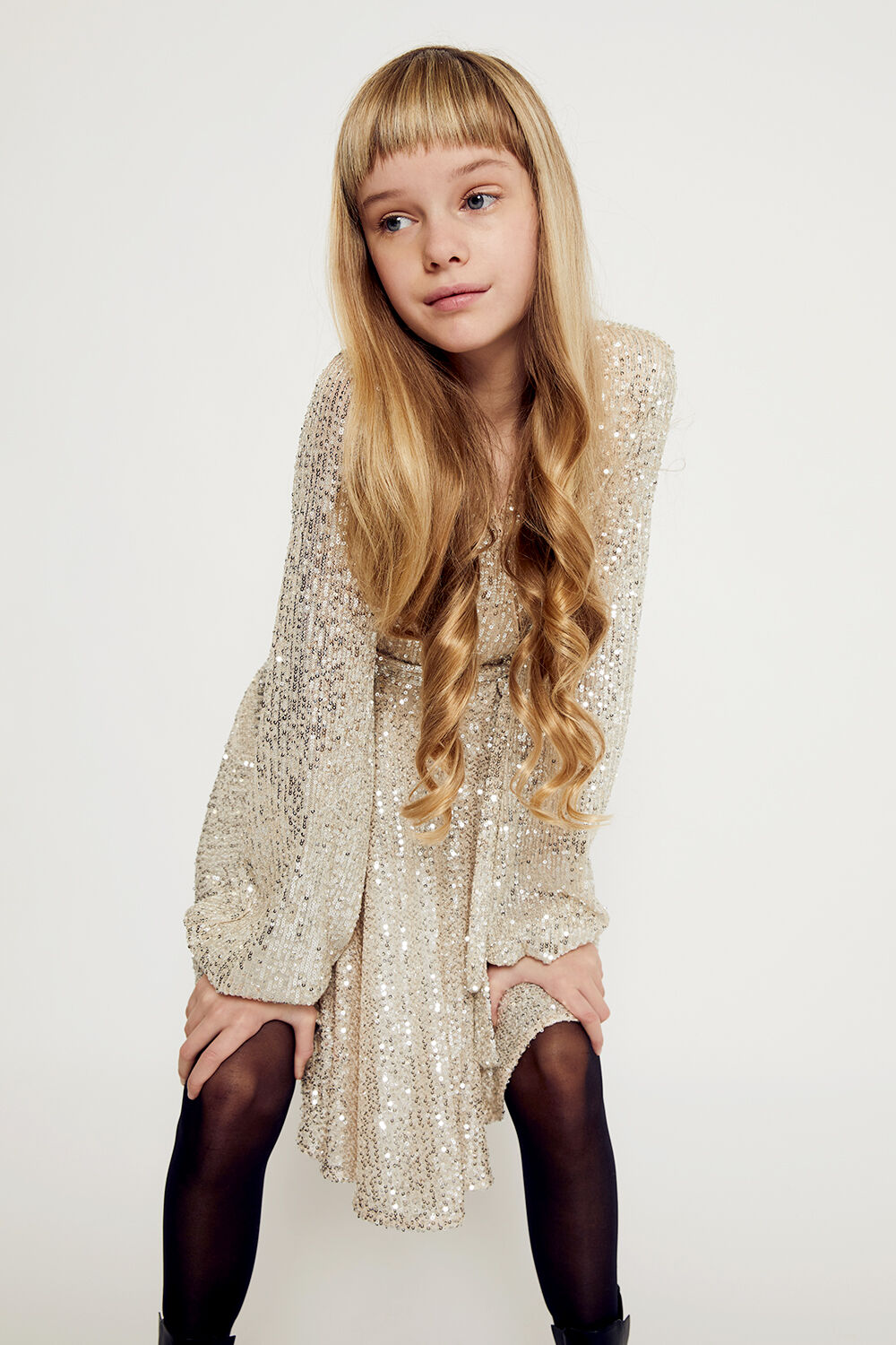 GIRLS SEQUIN WRAP DRESS in colour TUSCANY