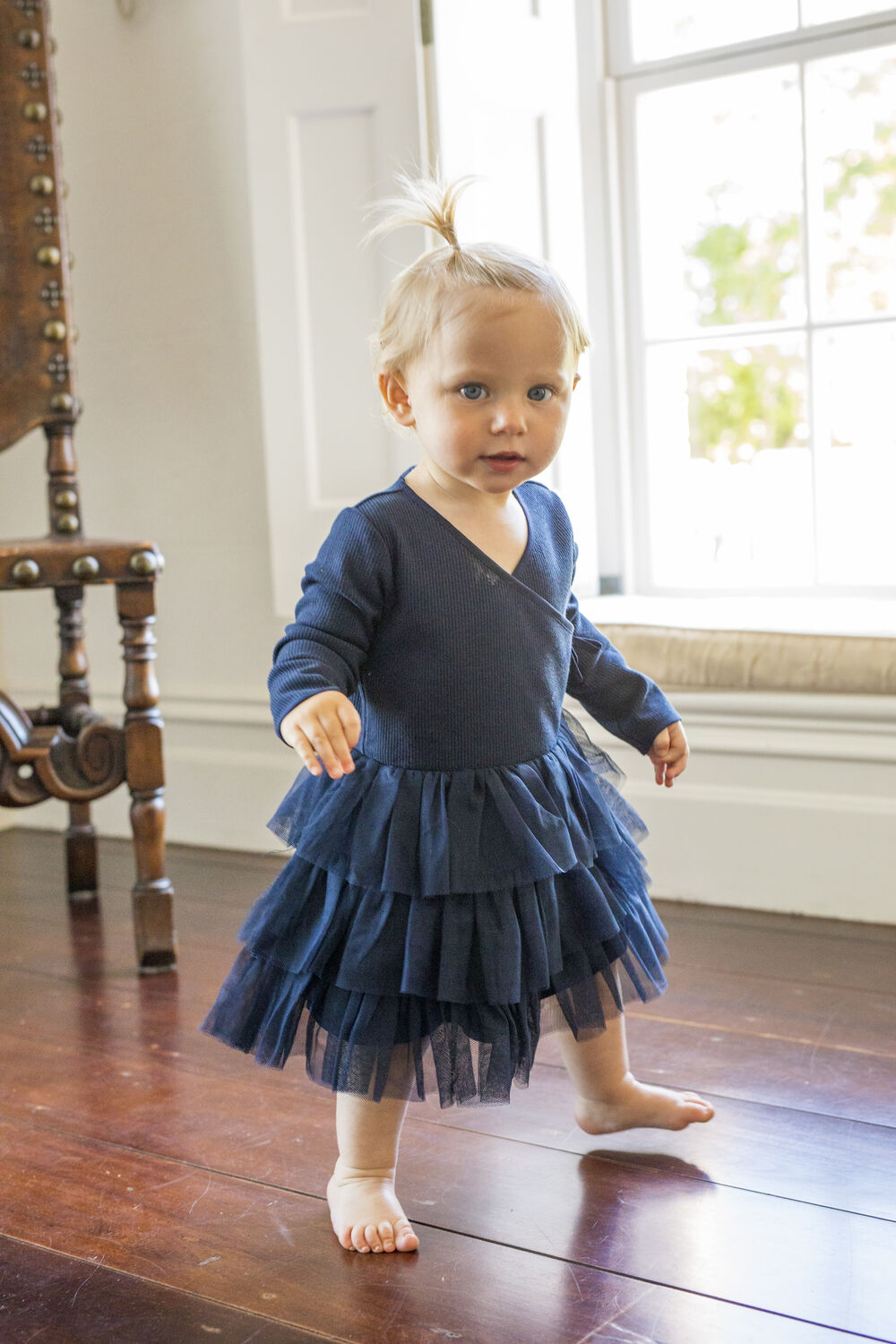 baby girl tiered wrap ballet dress in navy in colour BLACK IRIS