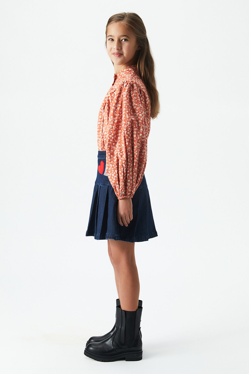 Girls KNIT DENIM PLEAT SKIRT in colour TRUE NAVY