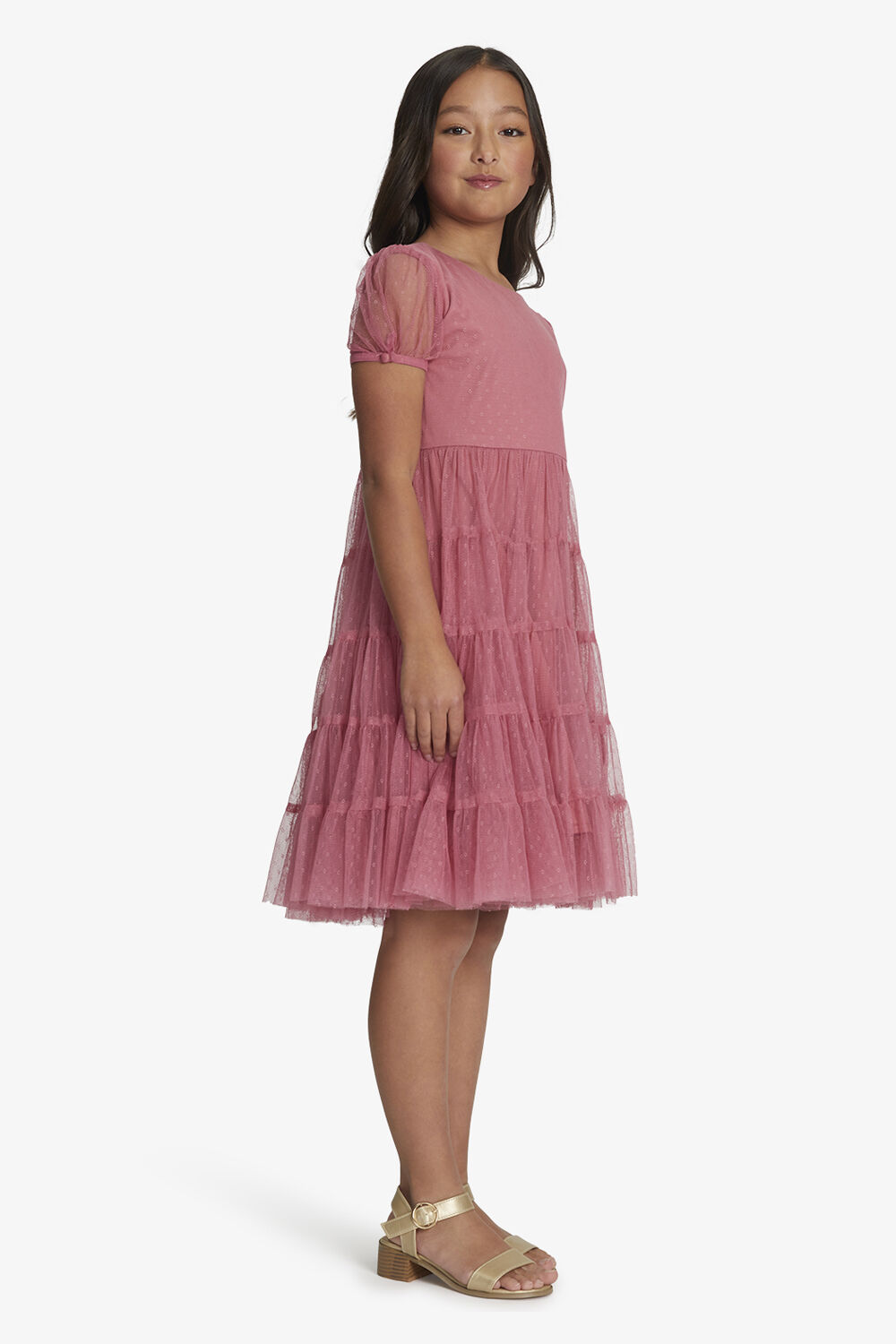 GIRLS LYDIA TIERED MESH DRESS in colour VANILLA CREAM