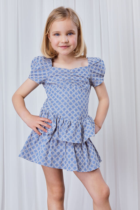 GIRLS BRODERIE CORSET DRESS in colour CHAMBRAY BLUE