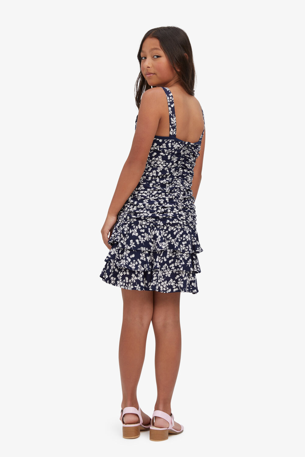 GIRLS INDIGO FRILL DRESS  in colour NAVY PEONY