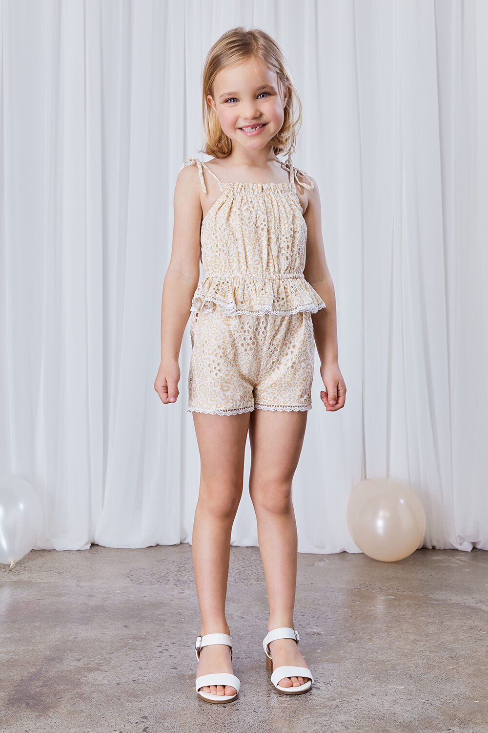 GIRLS LEOPARD TRIM ROMPER in colour CLOUD DANCER