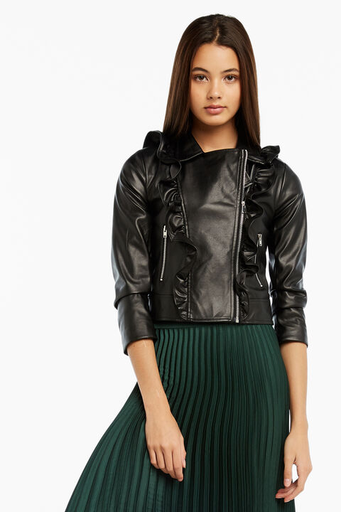 Tween Girl Chloe Vegan Leather Ruffle Jacket in Black