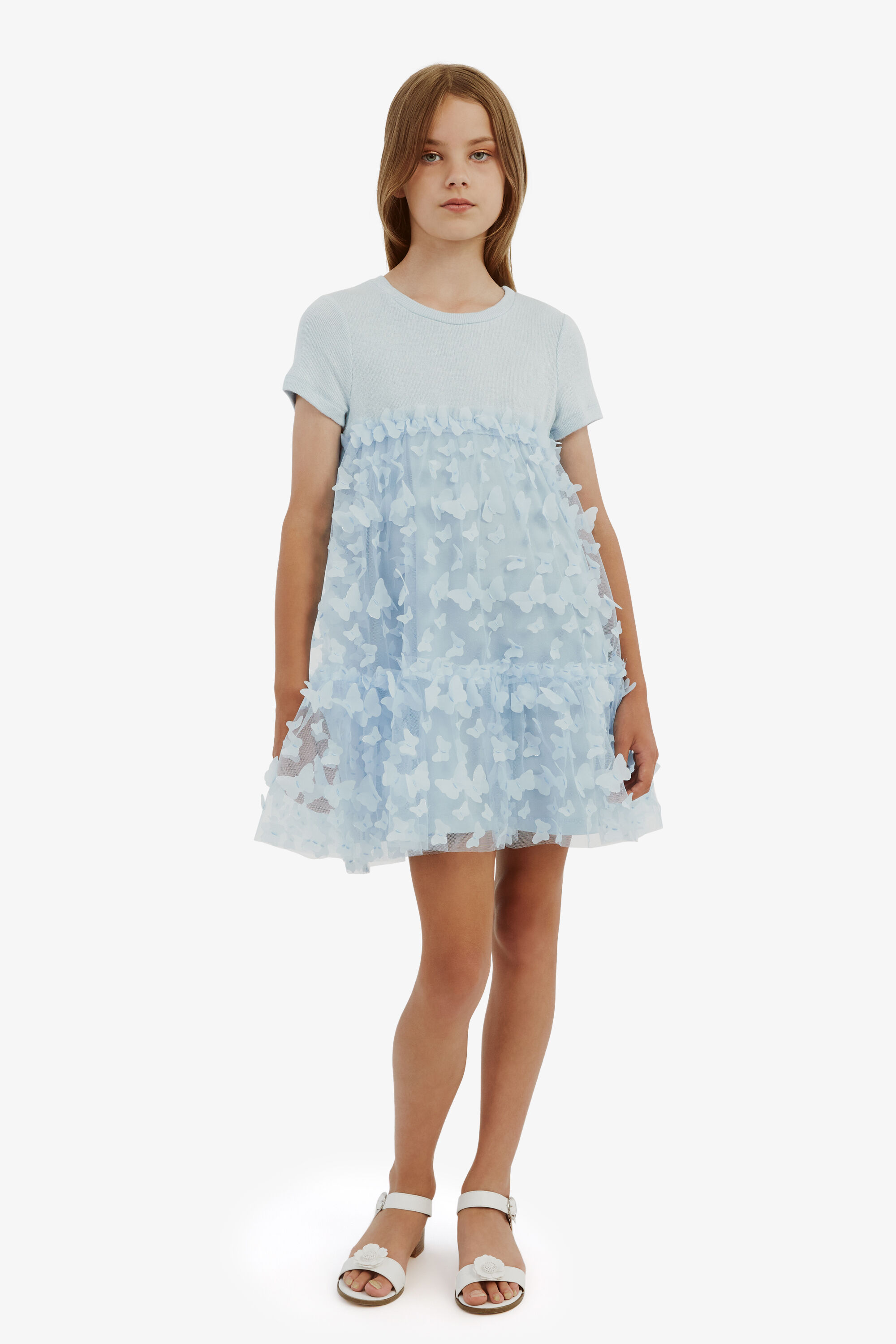 Girls Mattie Tiered Dress In Sky Blue Bardot Junior