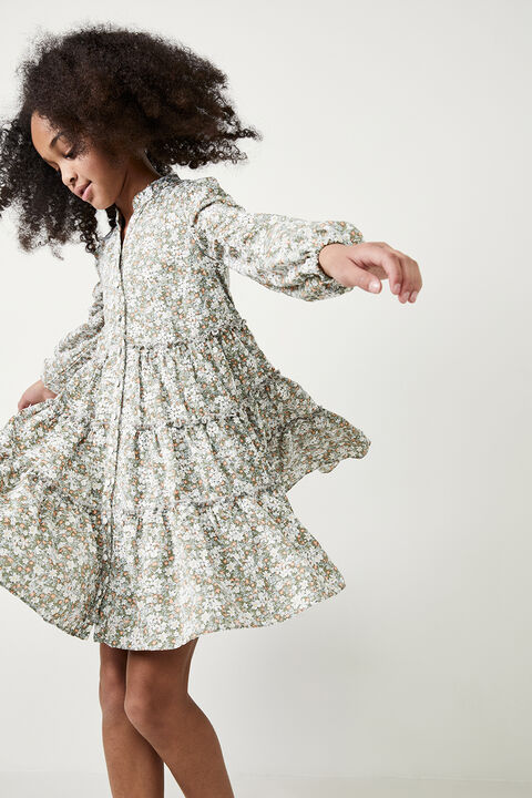GIRLS SERENITY FLORAL DRESS in colour BURNT OLIVE