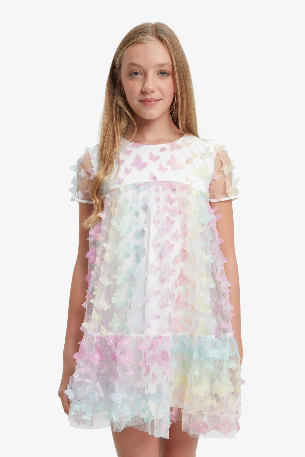 GIRLS BUTTERFLY TIERED DRESS in colour HOT PINK