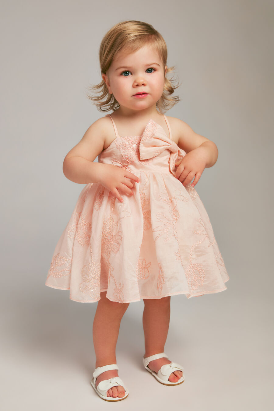 AMELIA EMBROIDERED BOW DRESS in colour Peach Blush
