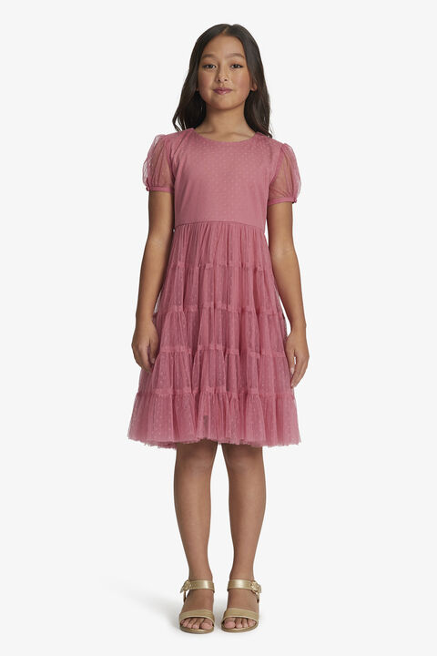 GIRLS LYDIA TIERED MESH DRESS in colour VANILLA CREAM