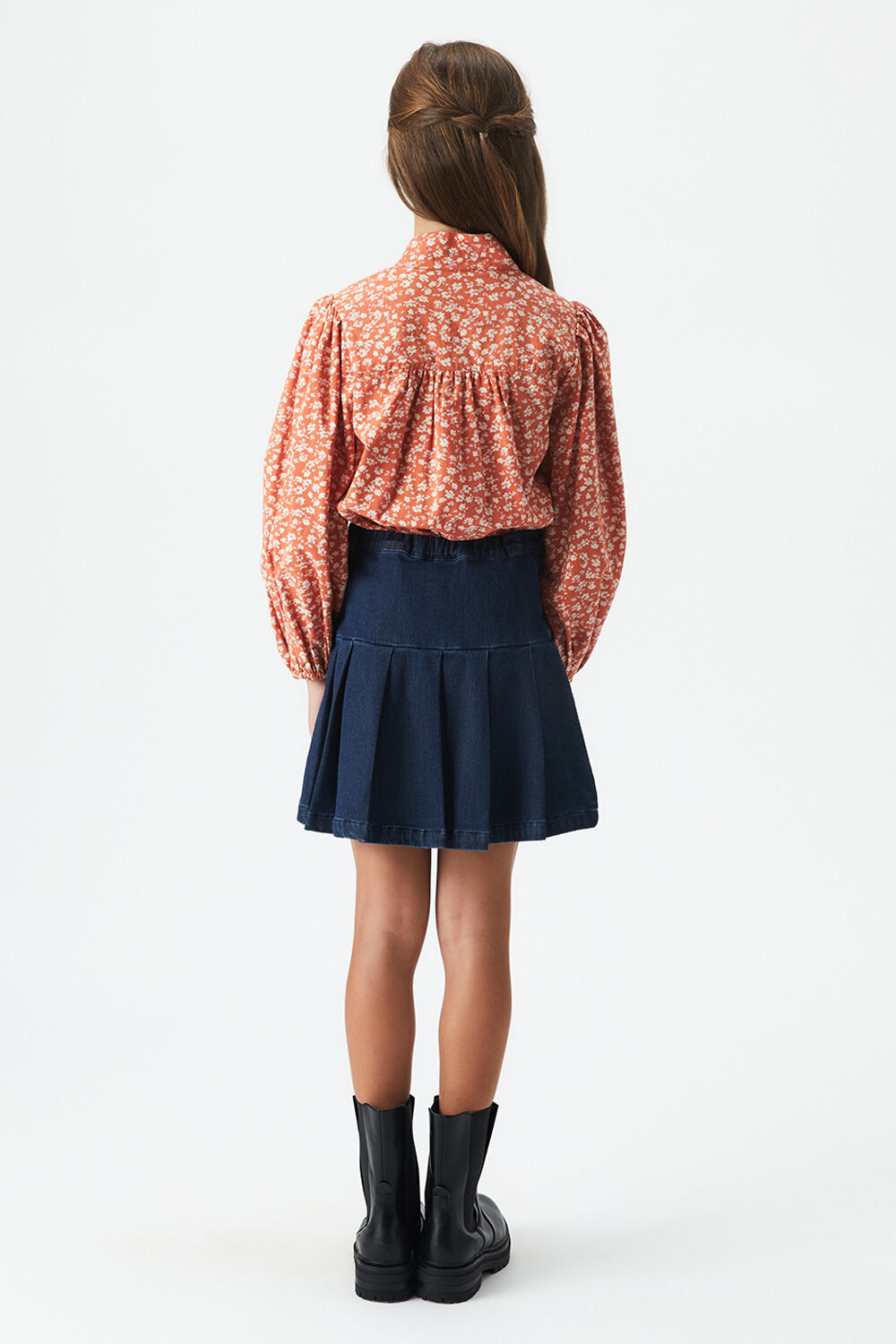 Girls KNIT DENIM PLEAT SKIRT in colour TRUE NAVY