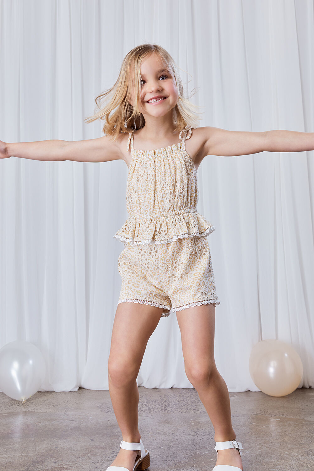 GIRLS LEOPARD TRIM ROMPER in colour CLOUD DANCER