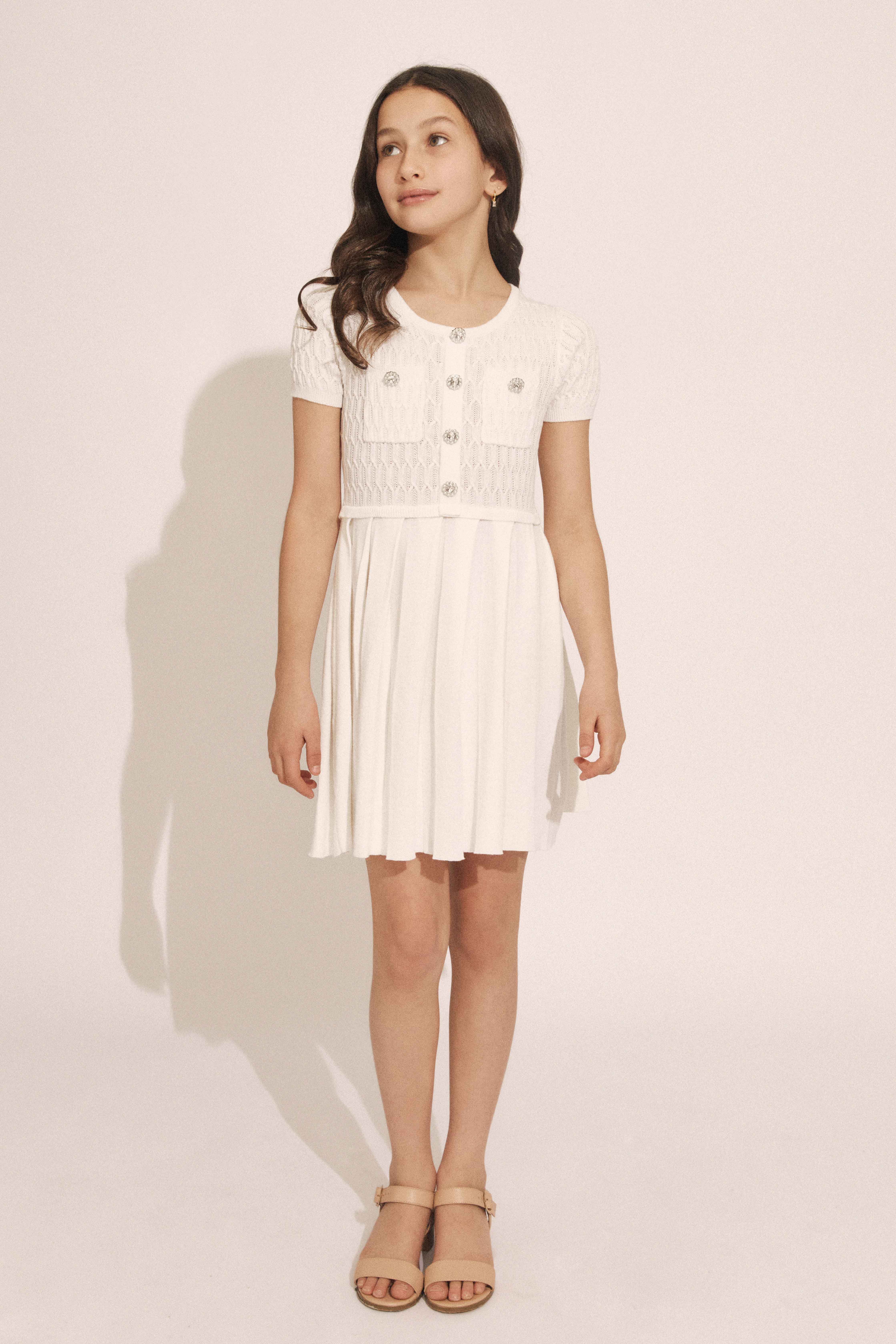 Girls Pleat Knit Mini Dress In Ivory | Bardot Junior