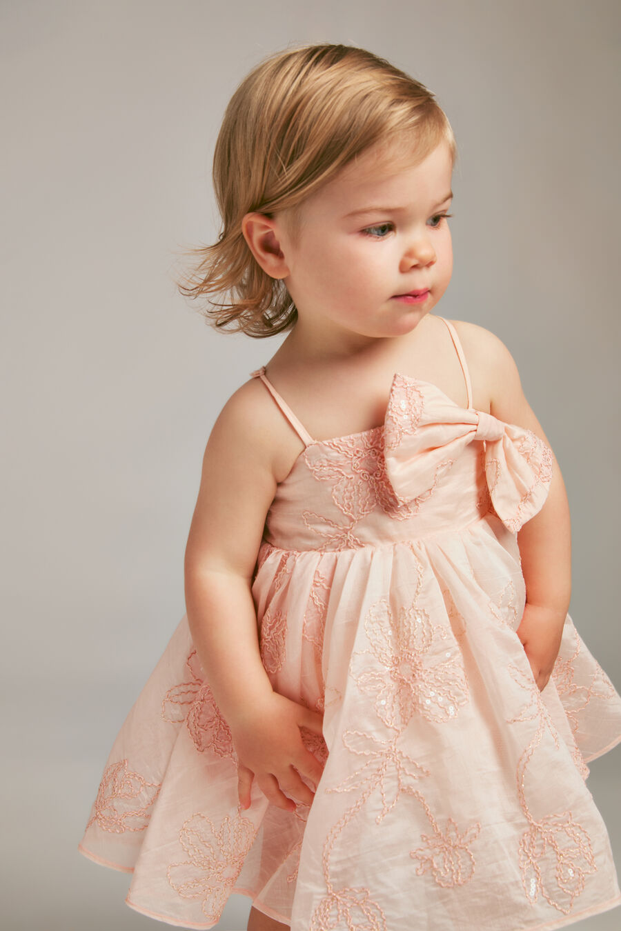 AMELIA EMBROIDERED BOW DRESS in colour Peach Blush