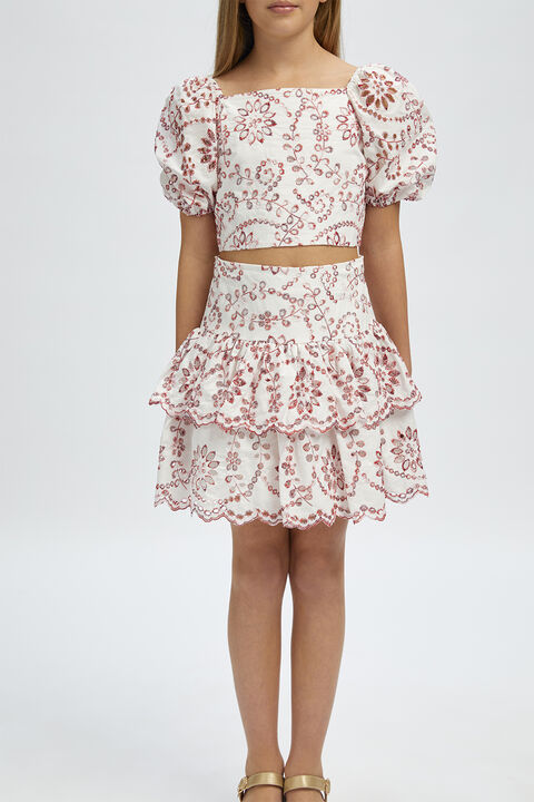 GIRLS AMELIA BRODERIE TOP in colour POINSETTIA