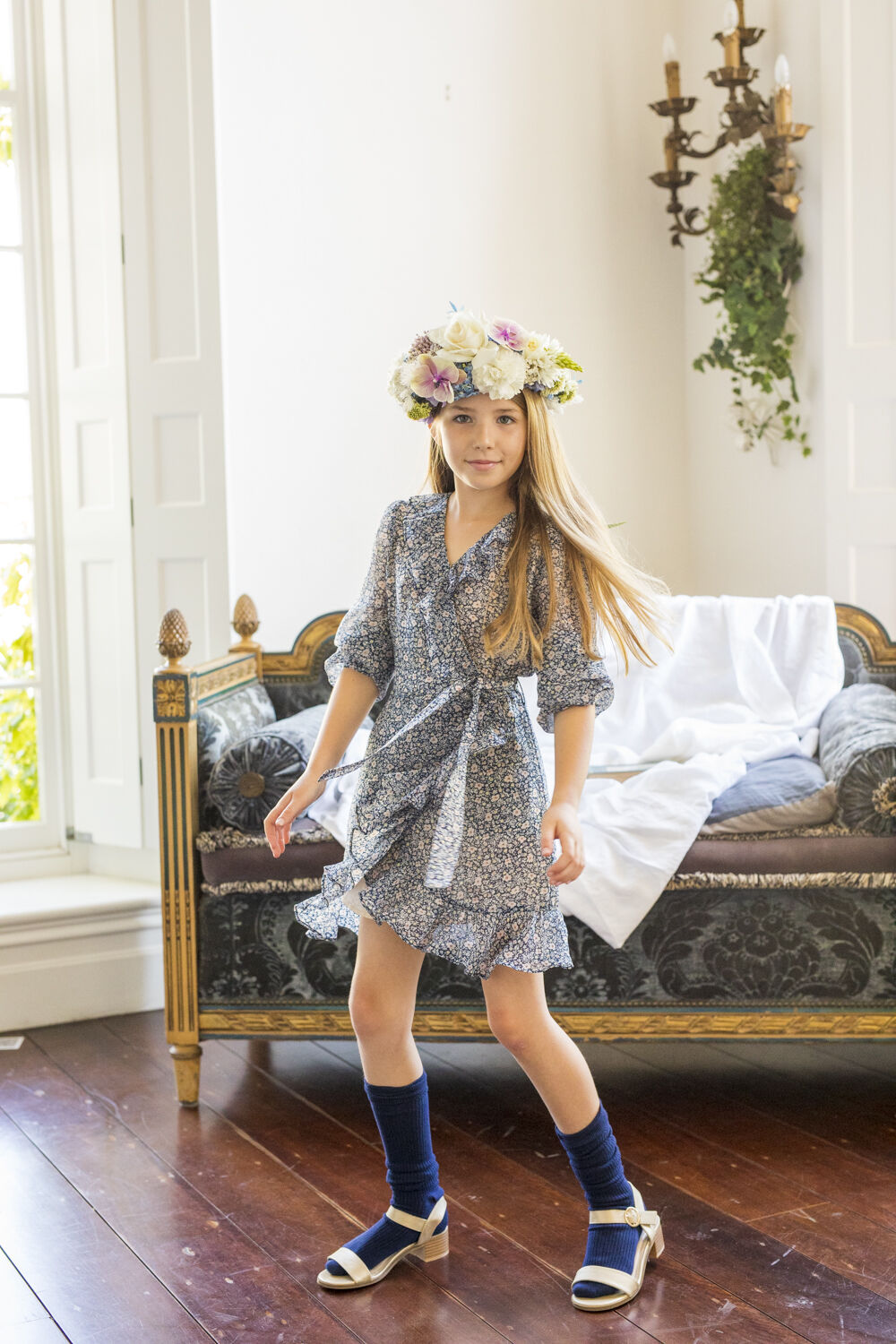 Girls Esther Wrap Ditsy Dress in Navy Ditsy