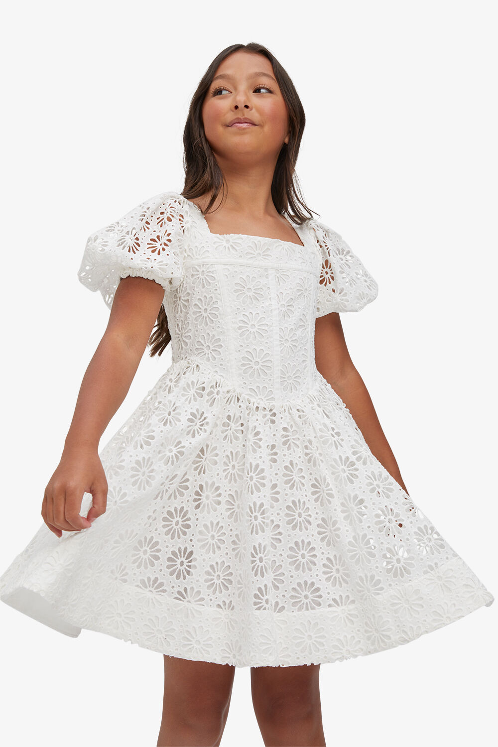 GIRLS IRIS MINI BRODERIE DRESS in colour CLOUD DANCER