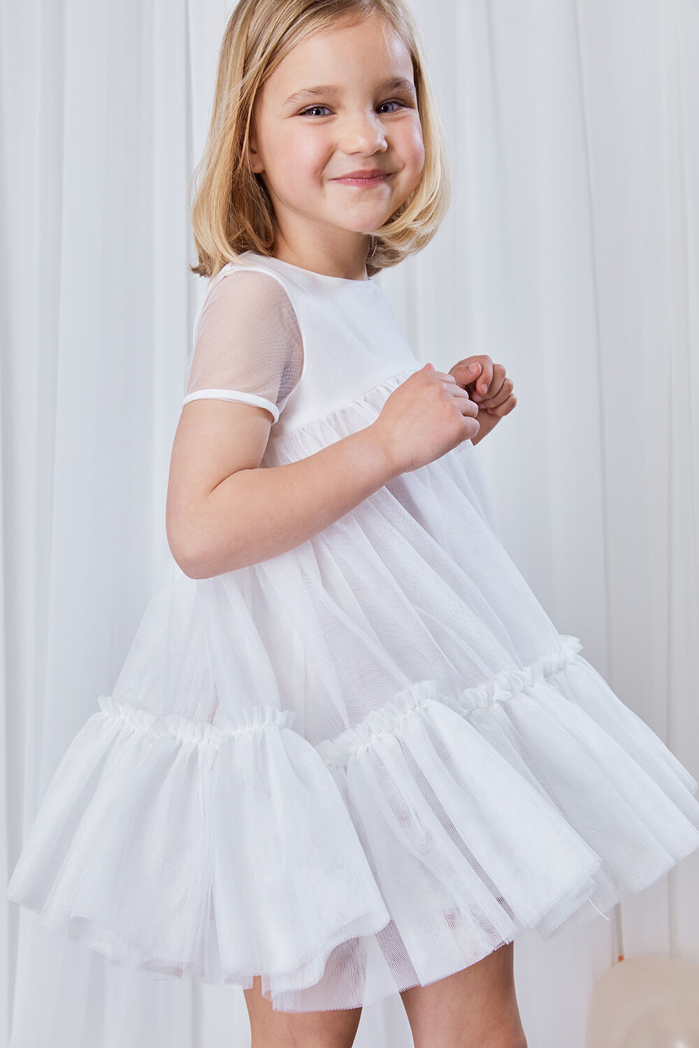 GIRLS ALLY TIERED MESH DRESS in colour BRIGHT WHITE