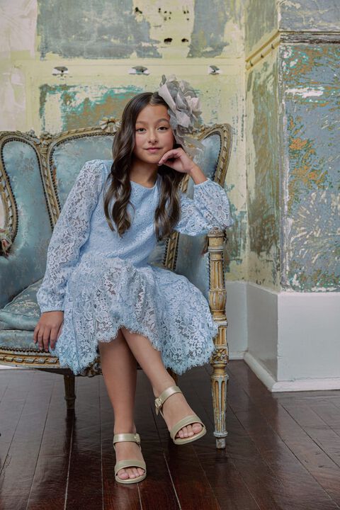 GIRLS SIENNA TIERED LACE DRESS in colour CROWN BLUE