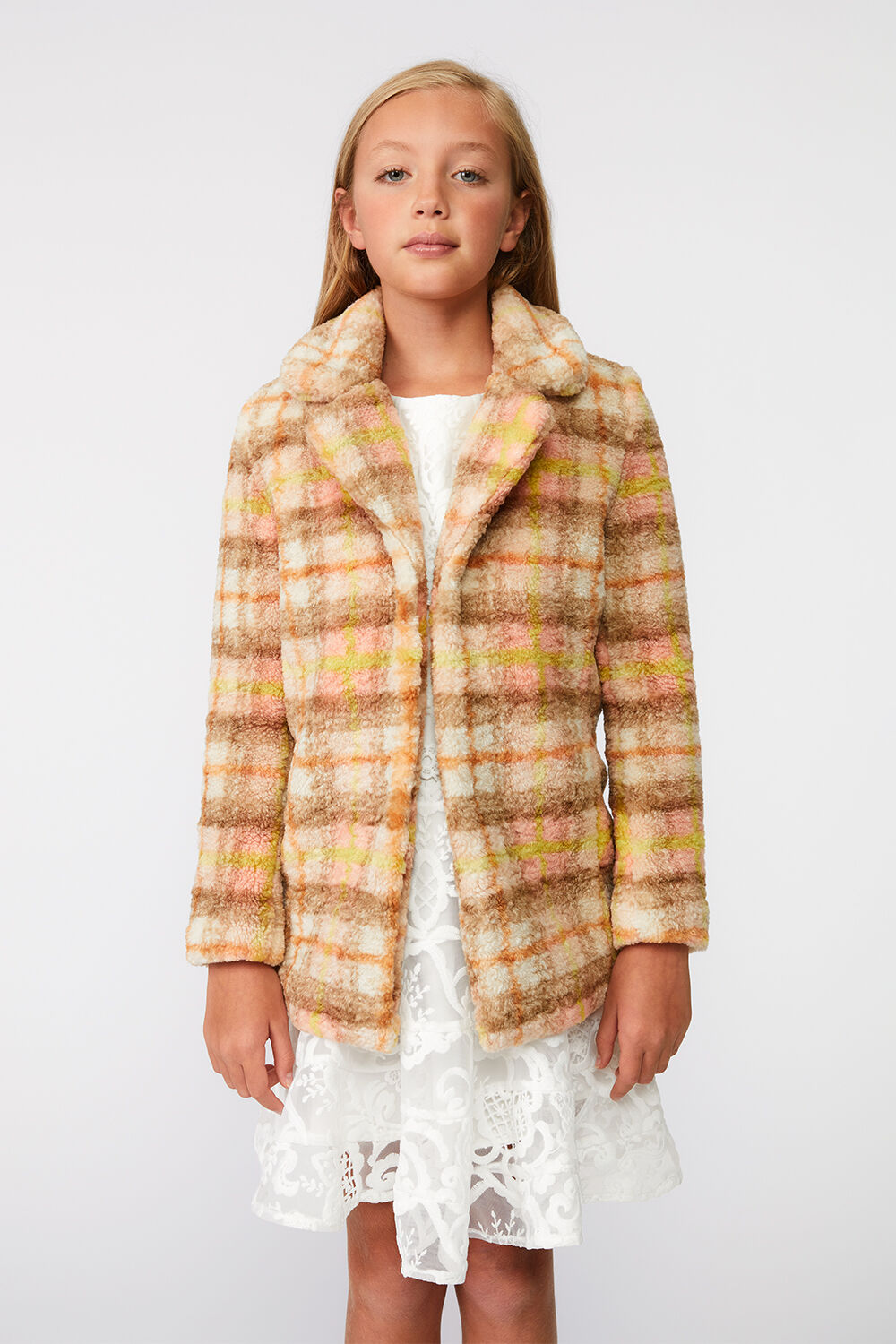 GIRLS CHECK FUR COAT in colour COCOA BROWN